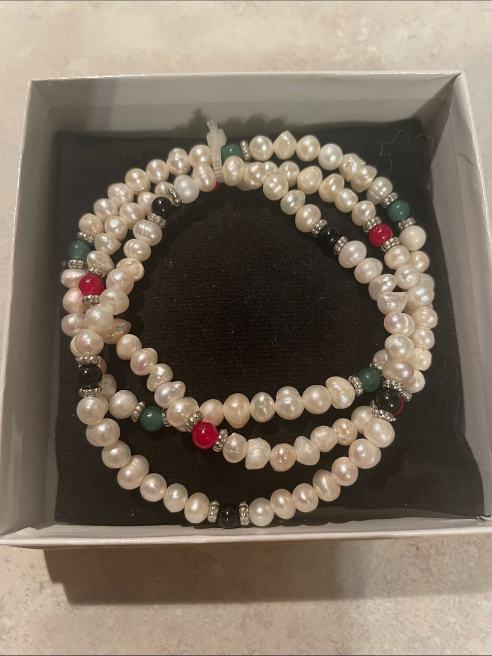 Freshwater Pearl Multi-Bead Bracelet with Green & Red Accents